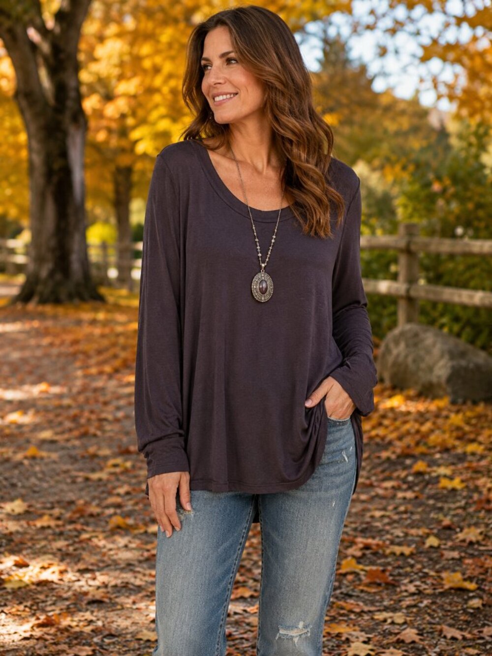 LOGO by Lori Goldstein Long Sleeve Scoop Neck Chocolate Brown Layering Tunic L